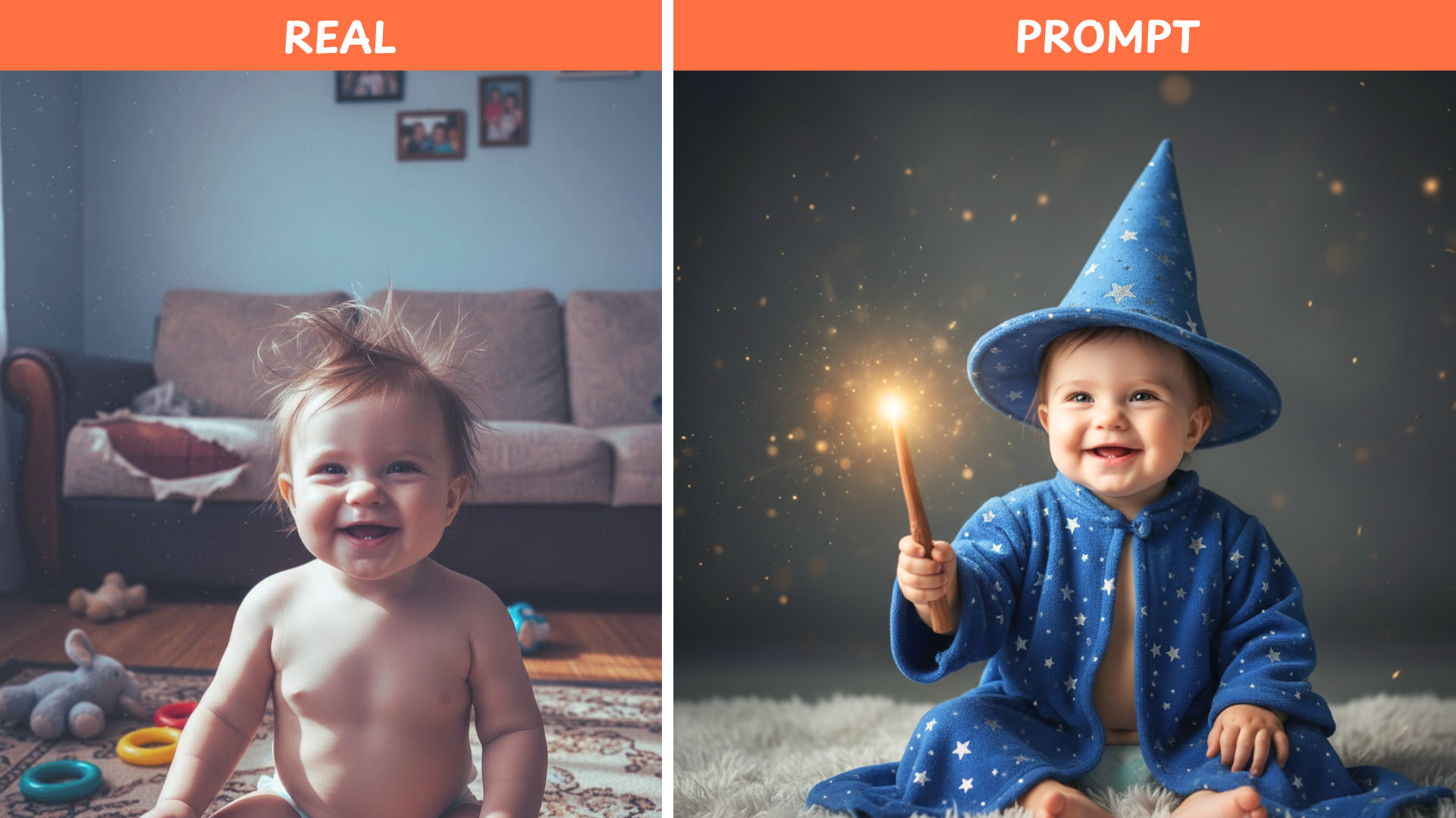 Comparação Antes e Depois de uma foto de bebê, de simples para mágica com IA